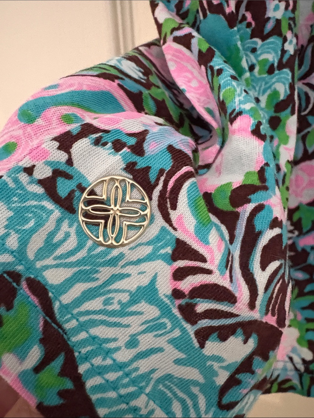Lilly Pulitzer Marietta Short Sleeve V-Neck Top in Teal, Pink & Black Floral - Picture 2 of 4
